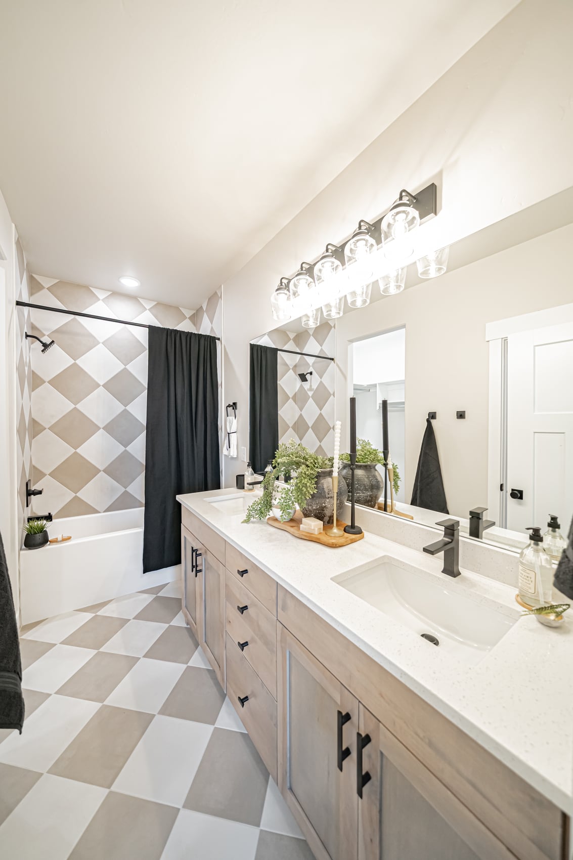 A bright, styled bathroom vanity